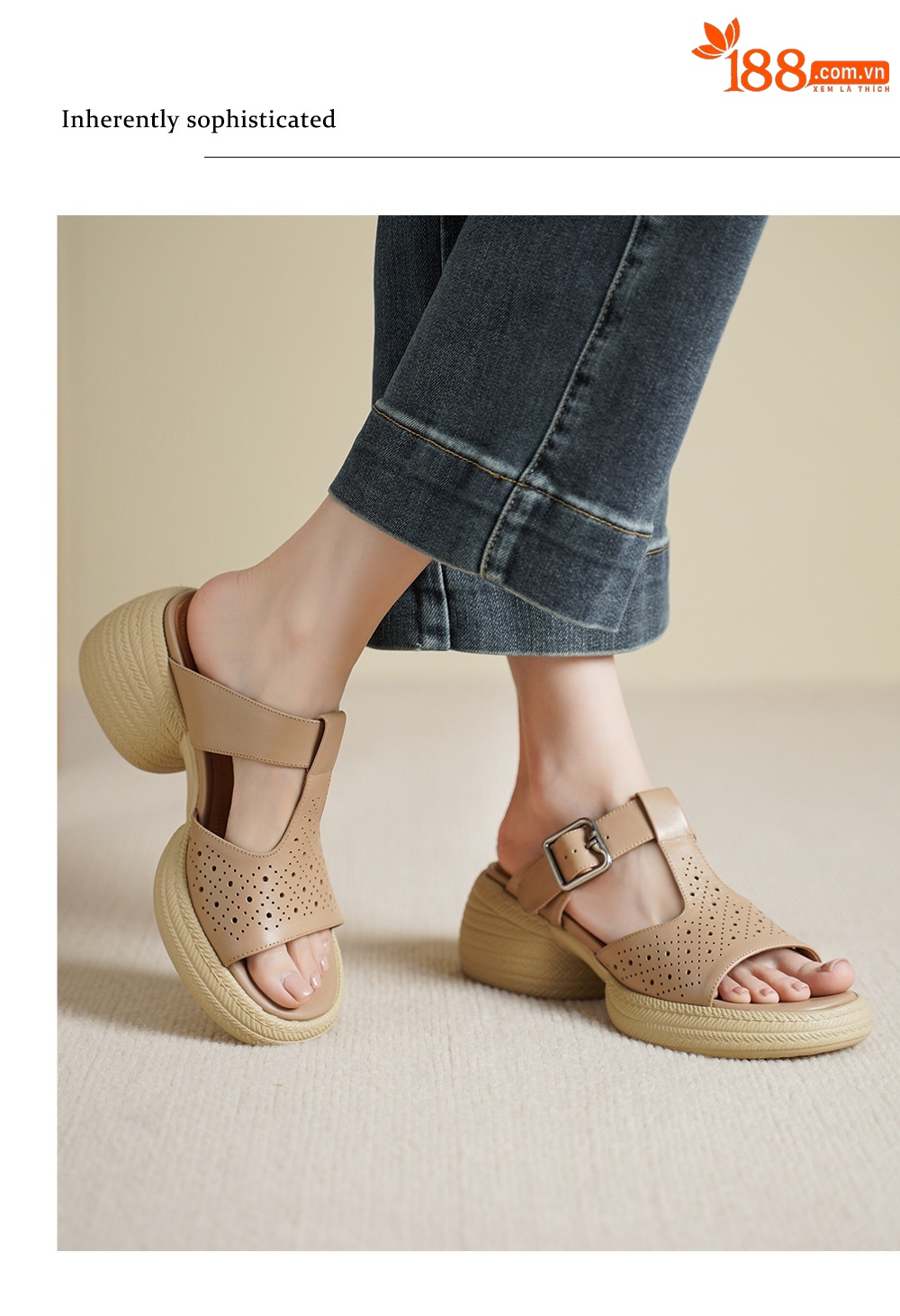 Sandal nữ da bò cao gót quai chữ T đế dày — đen chi tiết 7