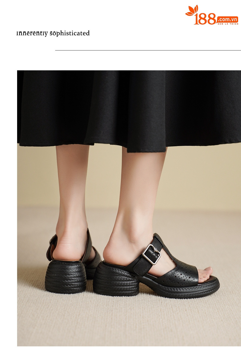 Sandal nữ da bò cao gót quai chữ T đế dày — đen chi tiết 12