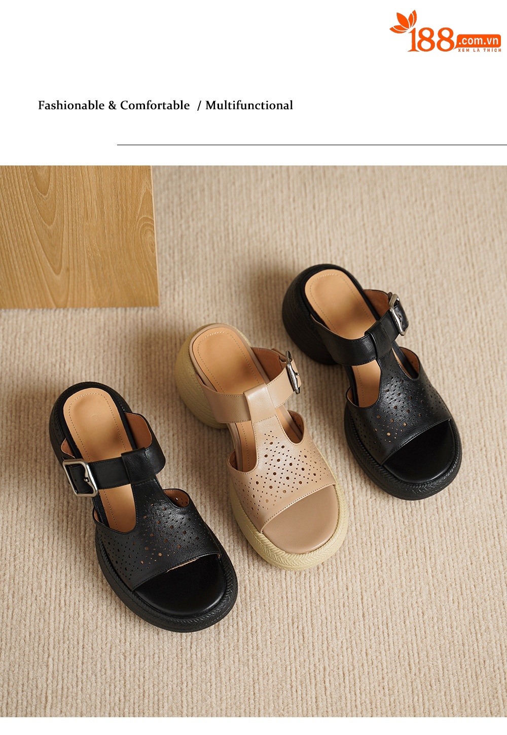 Sandal nữ da bò cao gót quai chữ T đế dày — đen chi tiết 14