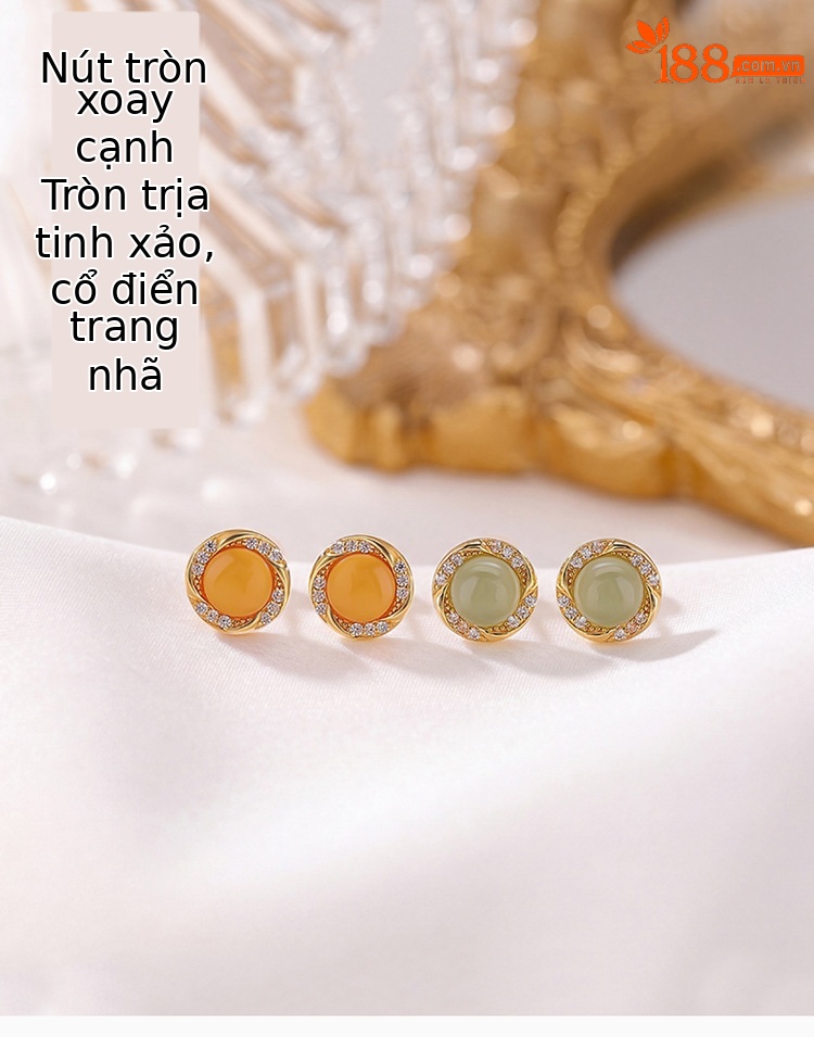 Bông tai bạc S925 mạ vàng đính ngọc bích tự nhiên hình học vòng xoắn nhẹ — Mật ong sáp chi tiết 1