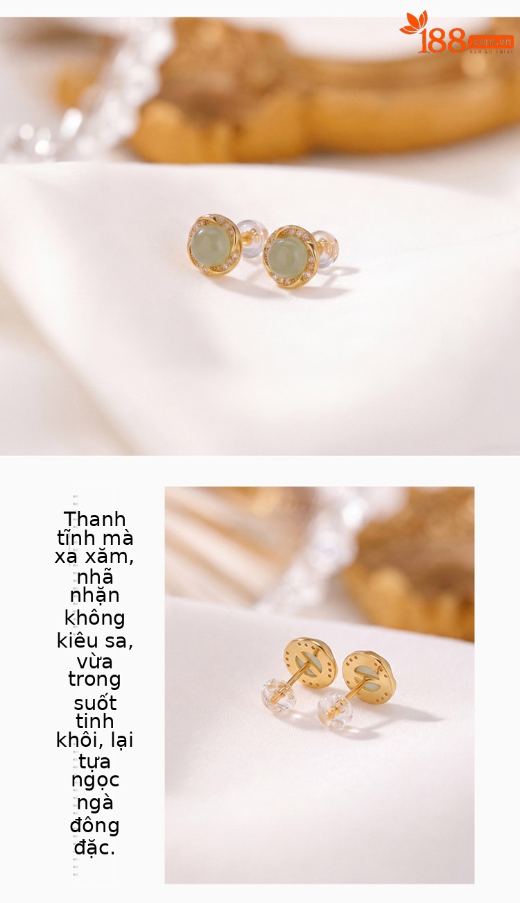 Bông tai bạc S925 mạ vàng đính ngọc bích tự nhiên hình học vòng xoắn nhẹ — Mật ong sáp chi tiết 3