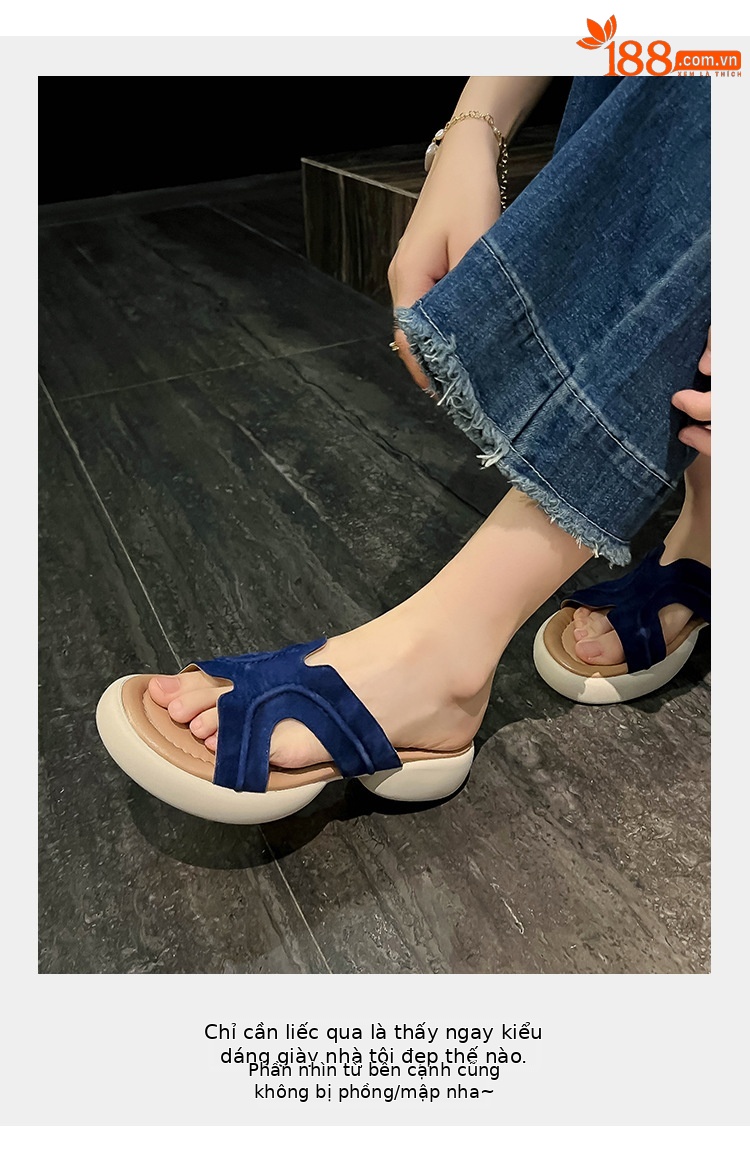 Dép sandal nữ xỏ ngón đế dày chống trượt mùa hè form H êm chân — xanh lam, nâu sẫm chi tiết 4