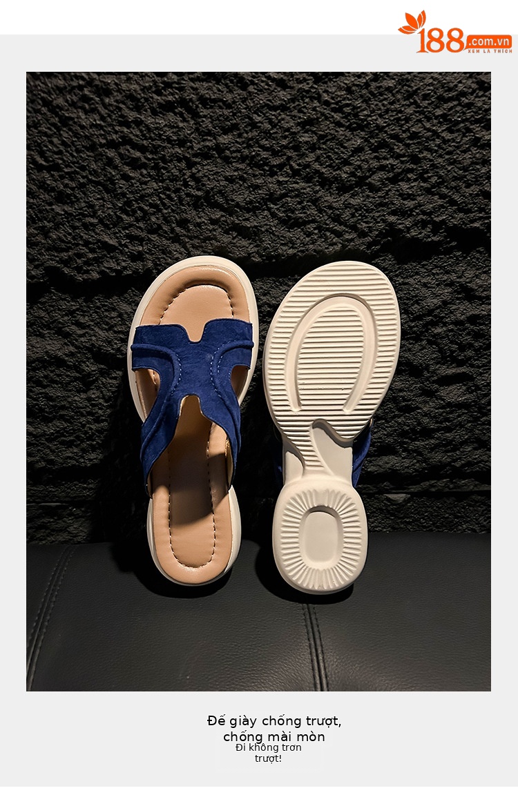 Dép sandal nữ xỏ ngón đế dày chống trượt mùa hè form H êm chân — xanh lam, nâu sẫm chi tiết 5