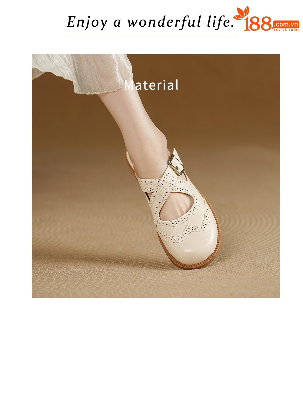 Dép sandal nữ da bò mũi trùm đế bằng, quai chéo chạm trổ cổ điển — đen chi tiết 2