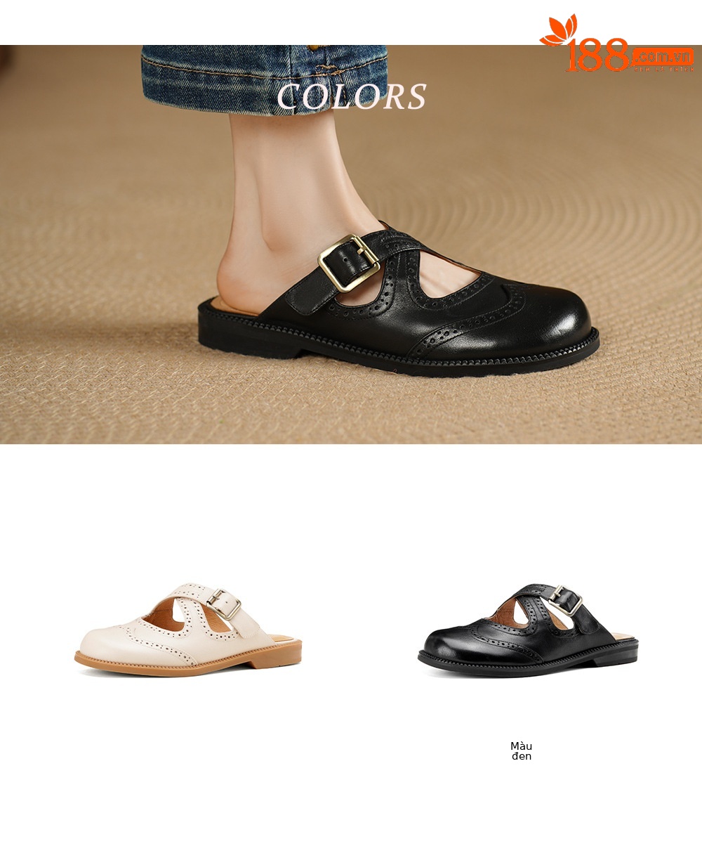 Dép sandal nữ da bò mũi trùm đế bằng, quai chéo chạm trổ cổ điển — đen chi tiết 3