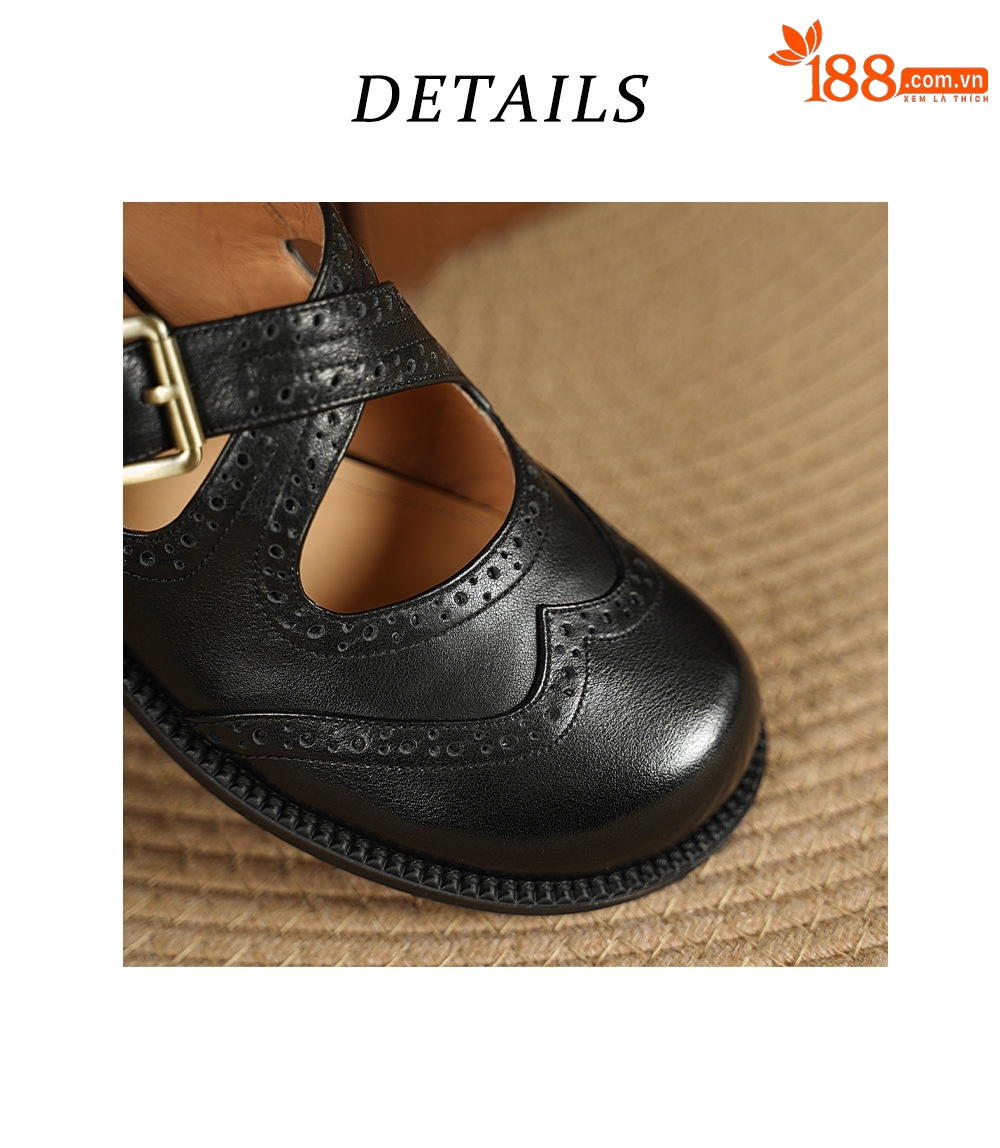 Dép sandal nữ da bò mũi trùm đế bằng, quai chéo chạm trổ cổ điển — đen chi tiết 17