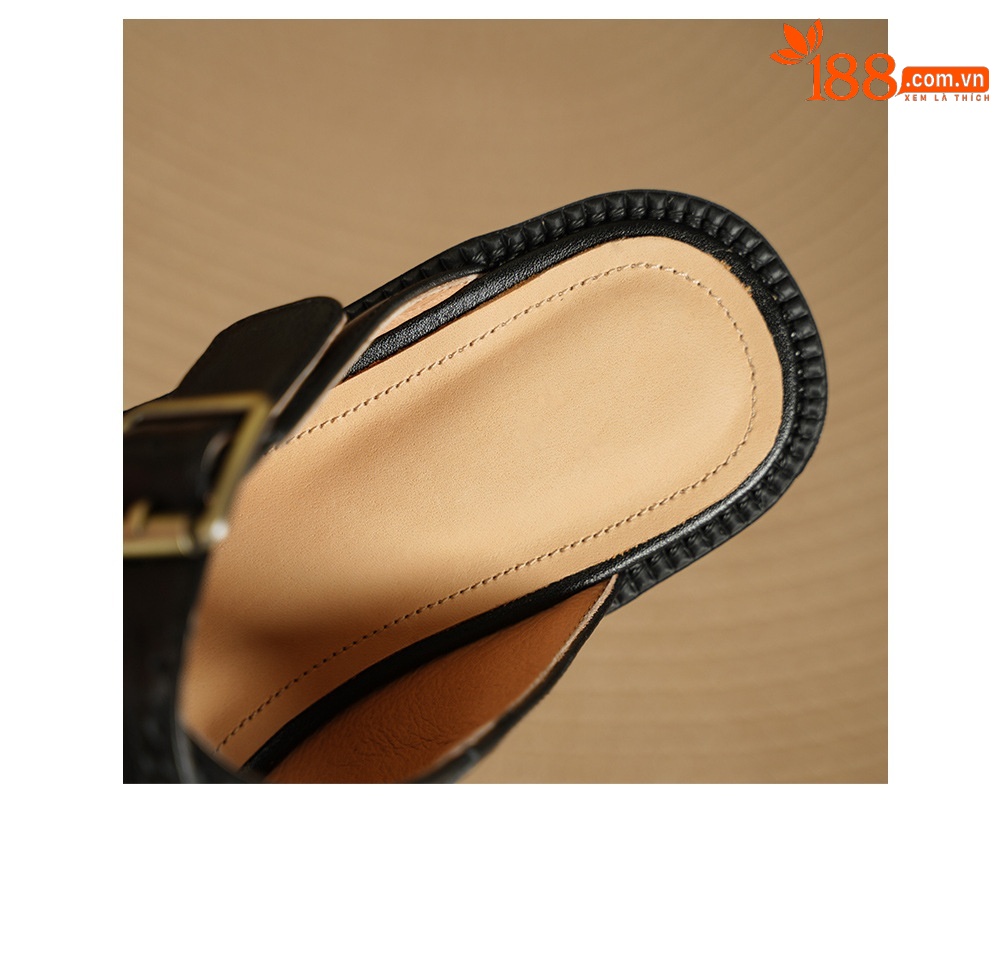 Dép sandal nữ da bò mũi trùm đế bằng, quai chéo chạm trổ cổ điển — đen chi tiết 18