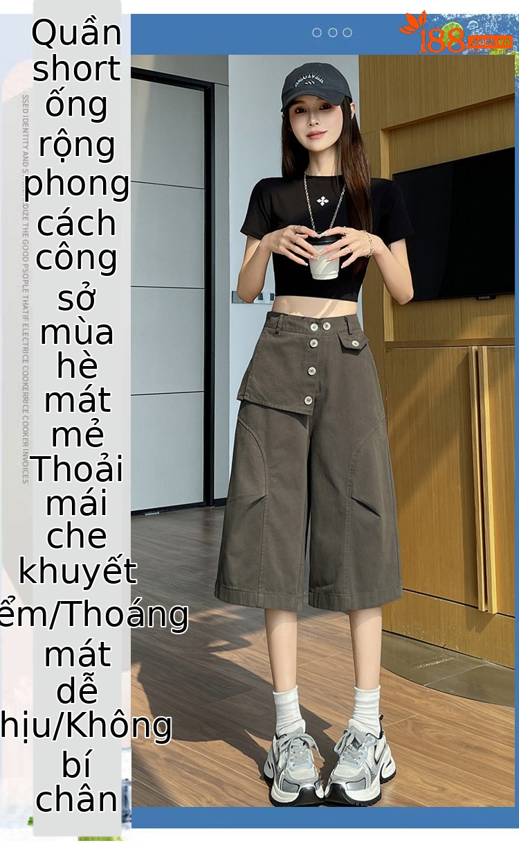 Quần culottes nữ ống rộng cạp cao dáng suông vải cotton — màu trắng chi tiết 1