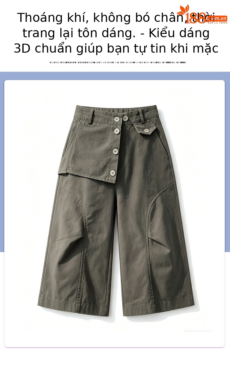 Quần culottes nữ ống rộng cạp cao dáng suông vải cotton — màu trắng chi tiết 5