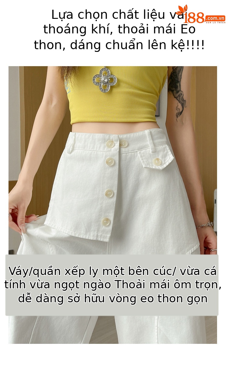 Quần culottes nữ ống rộng cạp cao dáng suông vải cotton — màu trắng chi tiết 8
