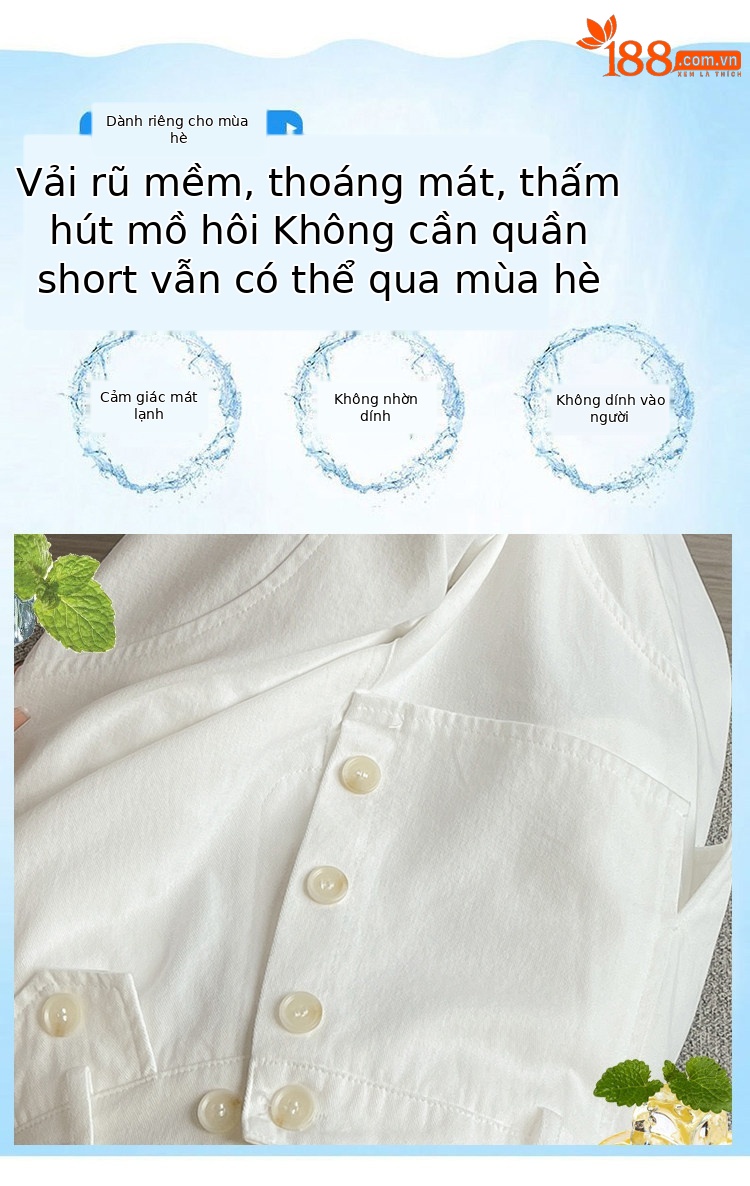 Quần culottes nữ ống rộng cạp cao dáng suông vải cotton — màu trắng chi tiết 2