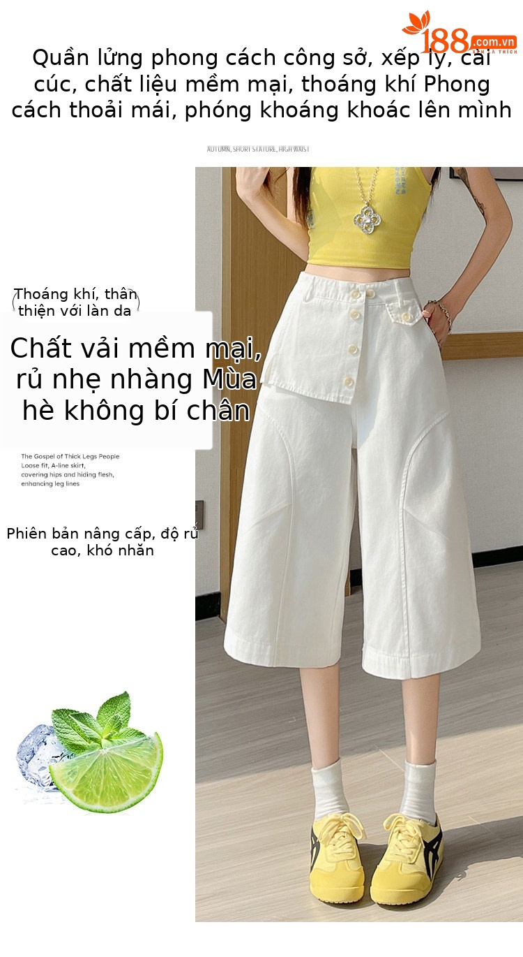 Quần culottes nữ ống rộng cạp cao dáng suông vải cotton — màu trắng chi tiết 3