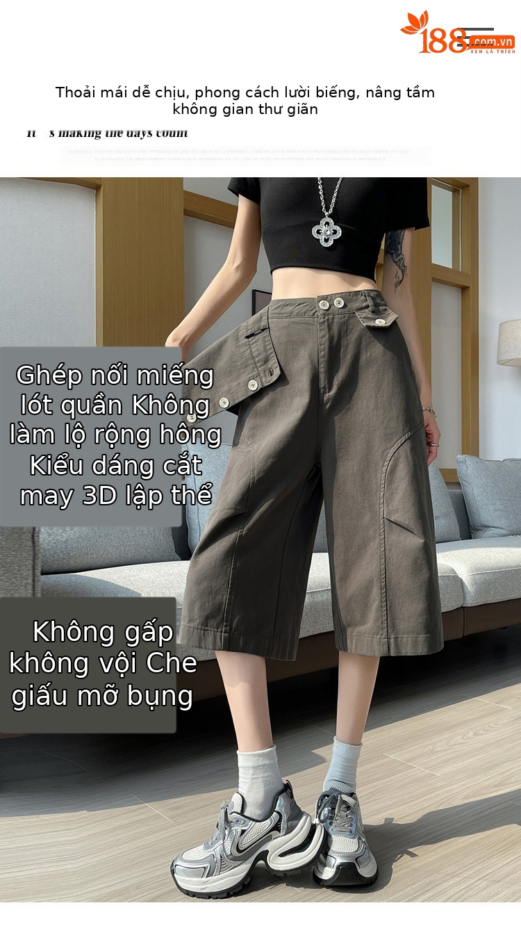 Quần culottes nữ ống rộng cạp cao dáng suông vải cotton — màu trắng chi tiết 4