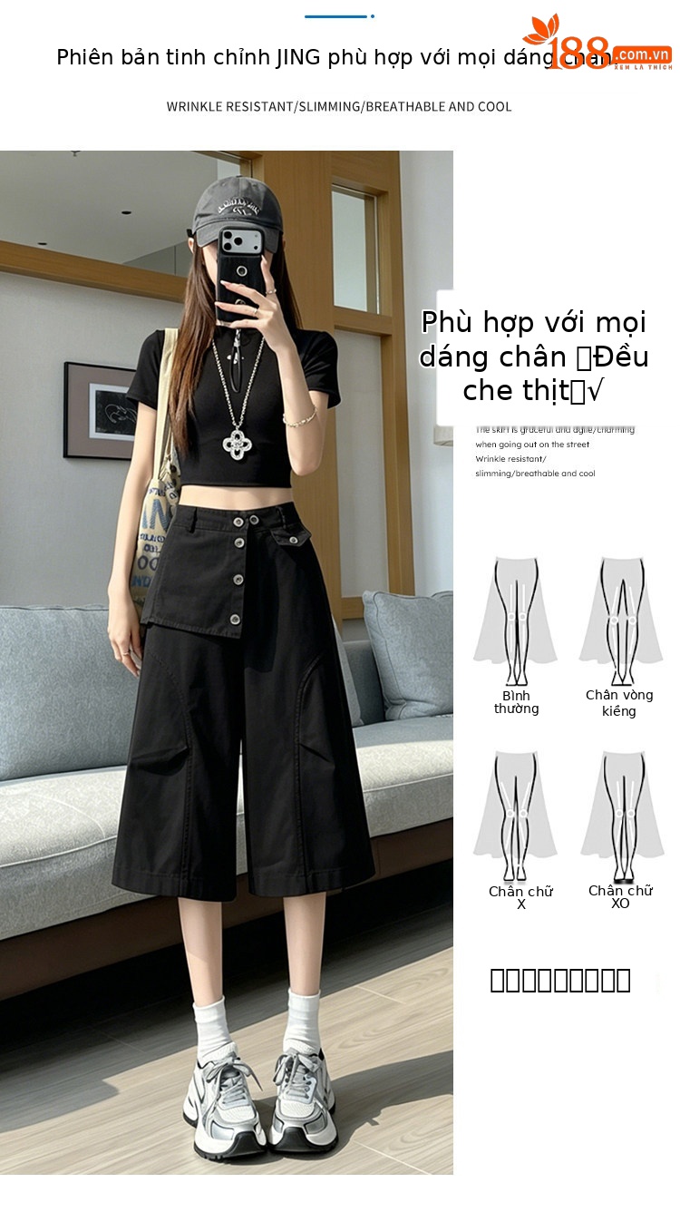 Quần culottes nữ ống rộng cạp cao dáng suông vải cotton — màu trắng chi tiết 7