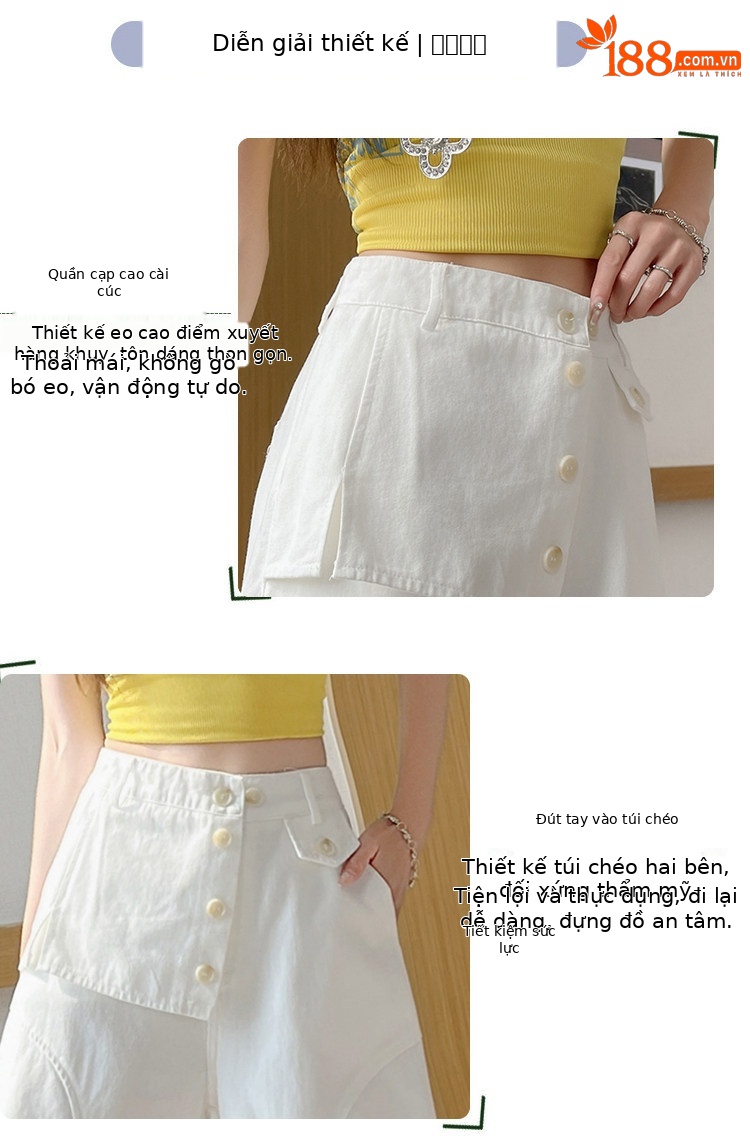 Quần culottes nữ ống rộng cạp cao dáng suông vải cotton — màu trắng chi tiết 9