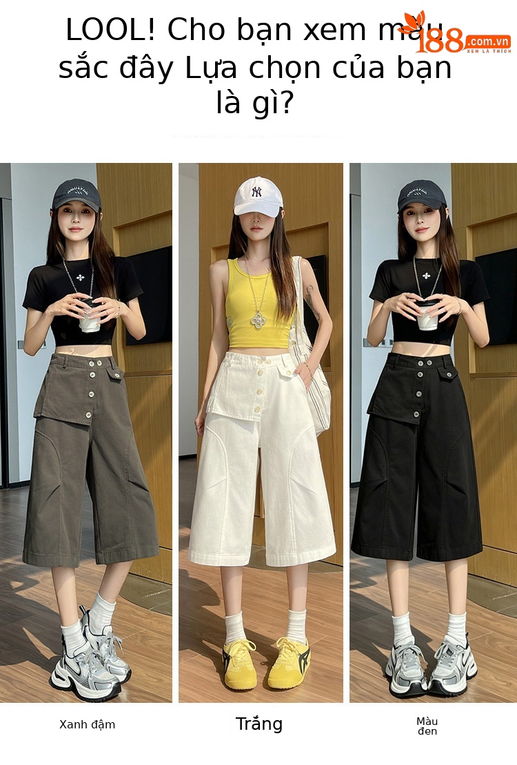 Quần culottes nữ ống rộng cạp cao dáng suông vải cotton — màu trắng chi tiết 11