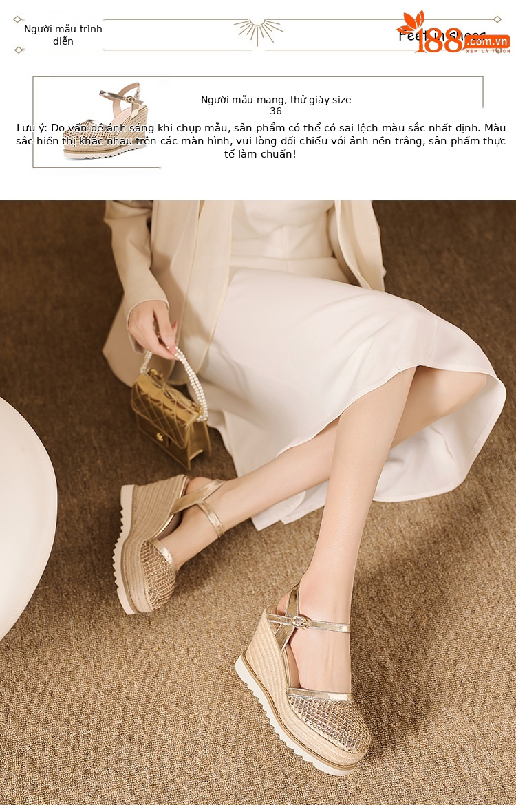 Sandal cao gót nữ mũi nhọn quai ngang đế xuồng đan lưới — màu vàng, bạc chi tiết 4