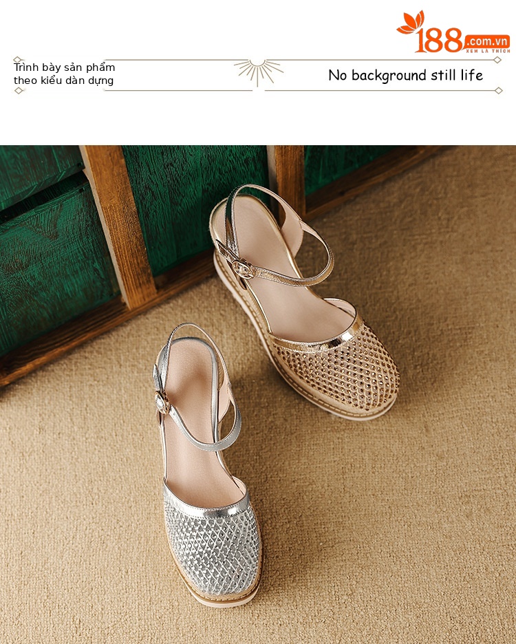 Sandal cao gót nữ mũi nhọn quai ngang đế xuồng đan lưới — màu vàng, bạc chi tiết 13