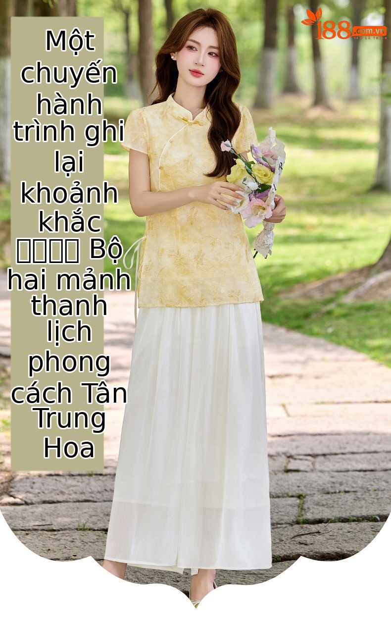 Bộ áo sơ mi cổ đức in họa tiết kết hợp quần dài hai mảnh nữ thời trang — Xanh lá cây nhạtcolor, Vàng nhạt chi tiết 1