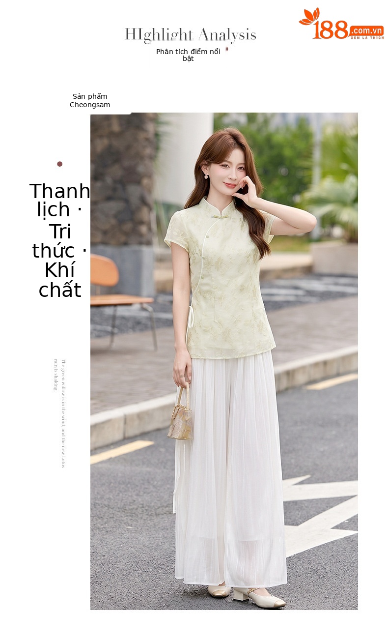 Bộ áo sơ mi cổ đức in họa tiết kết hợp quần dài hai mảnh nữ thời trang — Xanh lá cây nhạtcolor, Vàng nhạt chi tiết 3