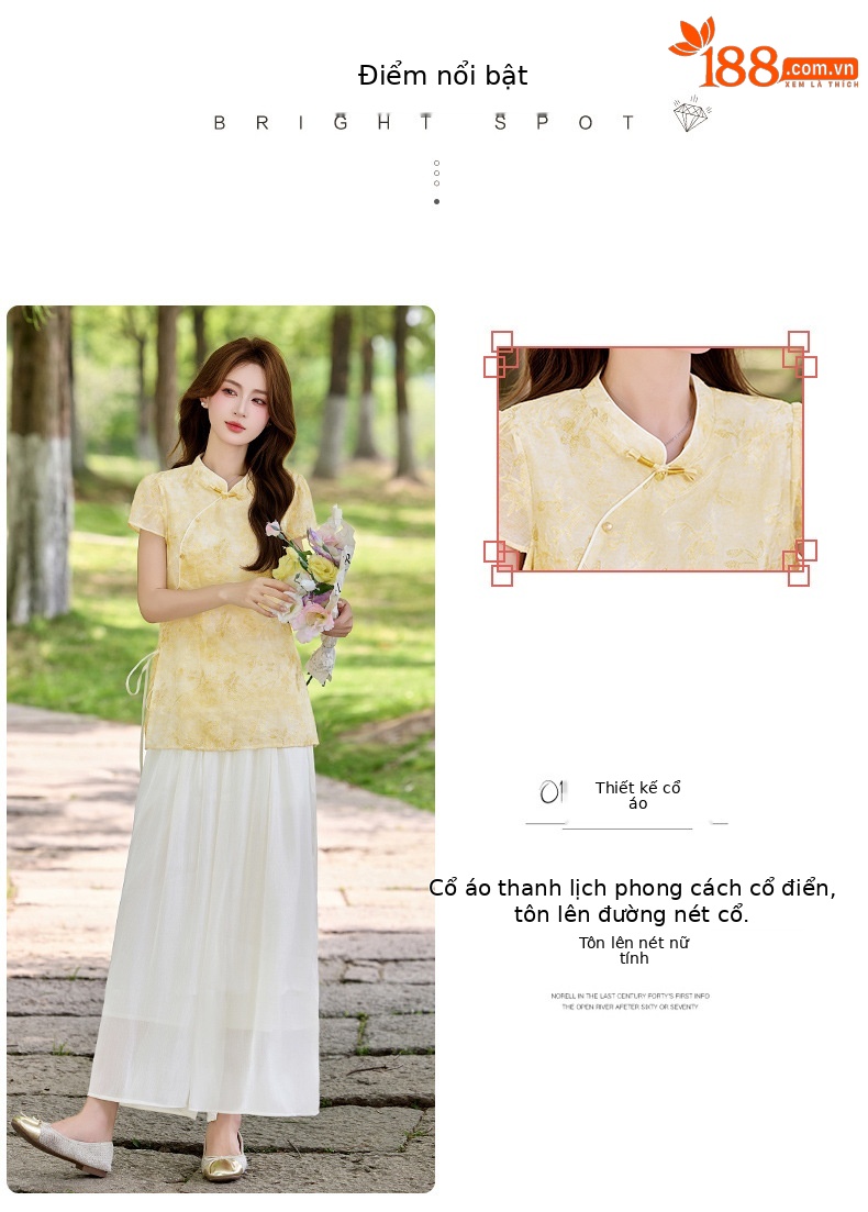 Bộ áo sơ mi cổ đức in họa tiết kết hợp quần dài hai mảnh nữ thời trang — Xanh lá cây nhạtcolor, Vàng nhạt chi tiết 5