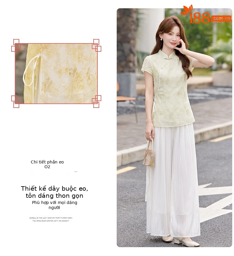 Bộ áo sơ mi cổ đức in họa tiết kết hợp quần dài hai mảnh nữ thời trang — Xanh lá cây nhạtcolor, Vàng nhạt chi tiết 6