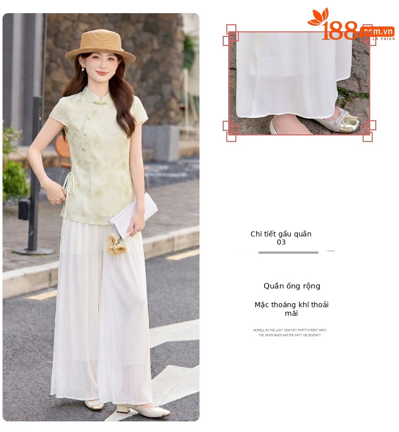 Bộ áo sơ mi cổ đức in họa tiết kết hợp quần dài hai mảnh nữ thời trang — Xanh lá cây nhạtcolor, Vàng nhạt chi tiết 7