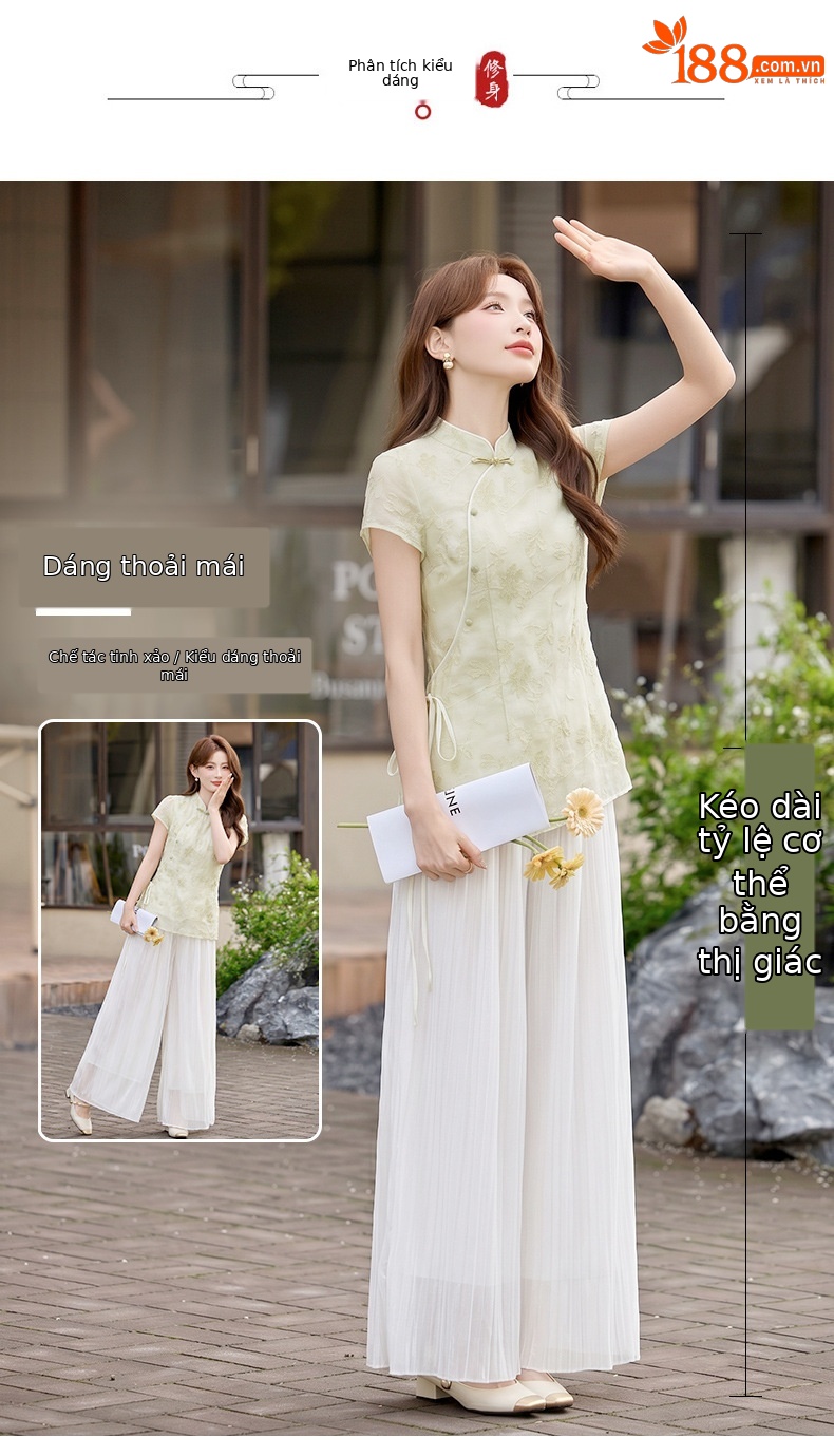 Bộ áo sơ mi cổ đức in họa tiết kết hợp quần dài hai mảnh nữ thời trang — Xanh lá cây nhạtcolor, Vàng nhạt chi tiết 8