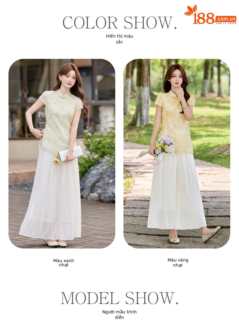 Bộ áo sơ mi cổ đức in họa tiết kết hợp quần dài hai mảnh nữ thời trang — Xanh lá cây nhạtcolor, Vàng nhạt chi tiết 9