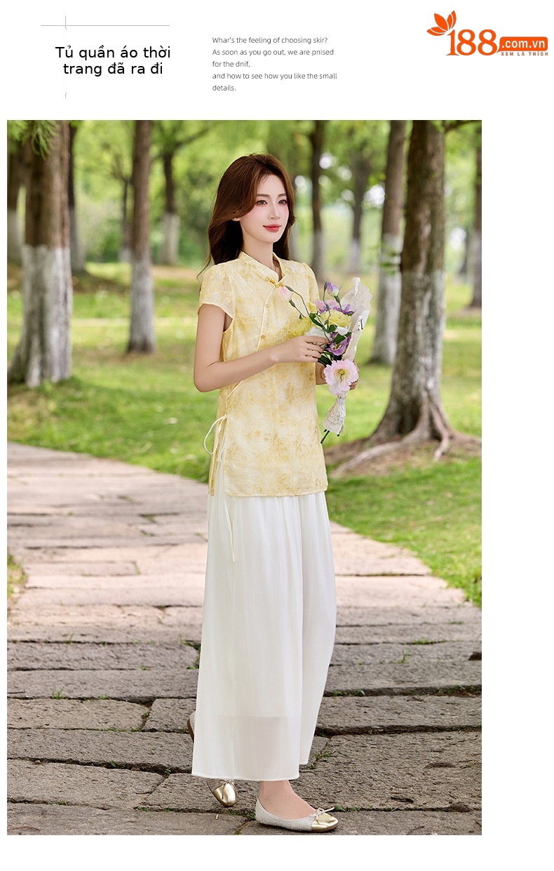 Bộ áo sơ mi cổ đức in họa tiết kết hợp quần dài hai mảnh nữ thời trang — Xanh lá cây nhạtcolor, Vàng nhạt chi tiết 19