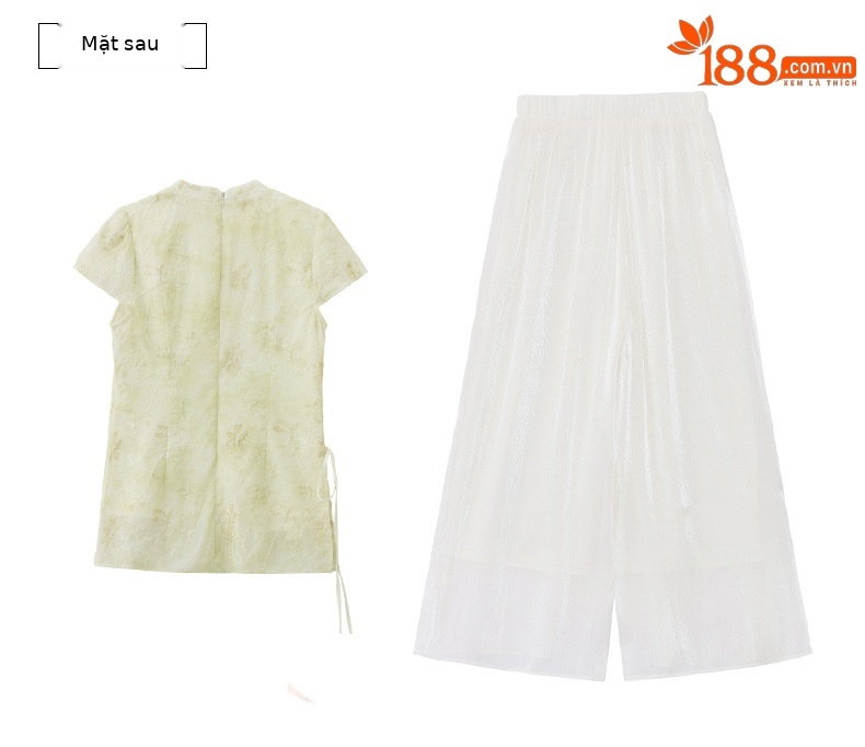 Bộ áo sơ mi cổ đức in họa tiết kết hợp quần dài hai mảnh nữ thời trang — Xanh lá cây nhạtcolor, Vàng nhạt chi tiết 29