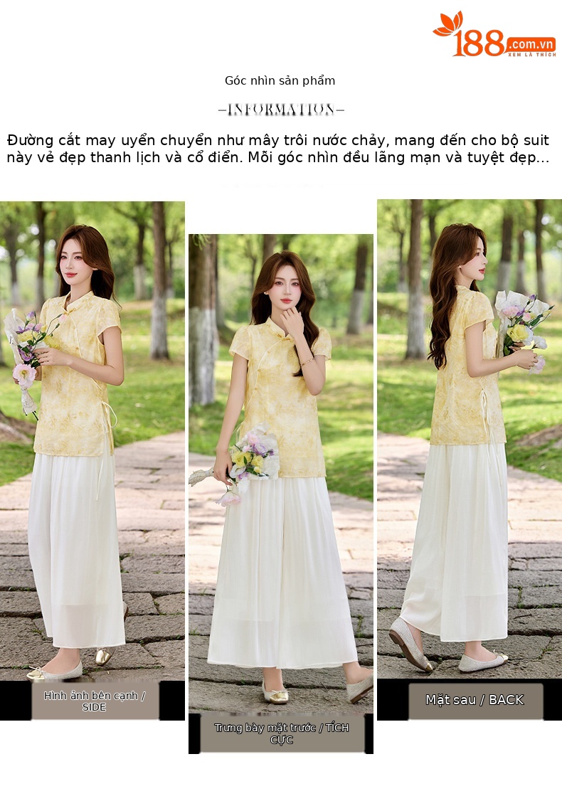 Bộ áo sơ mi cổ đức in họa tiết kết hợp quần dài hai mảnh nữ thời trang — Xanh lá cây nhạtcolor, Vàng nhạt chi tiết 4