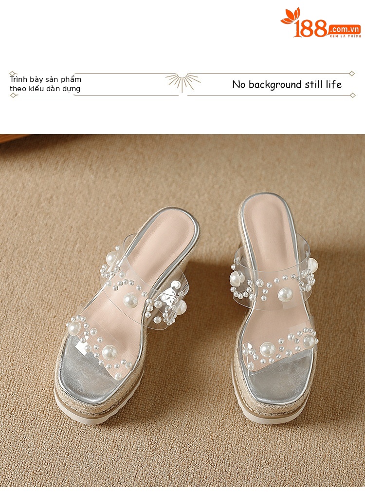 Dép sandal nữ quai chữ V đế xuồng cao gót trong suốt mũi vuông hở ngón kèm ngọc trai — bạc chi tiết 6