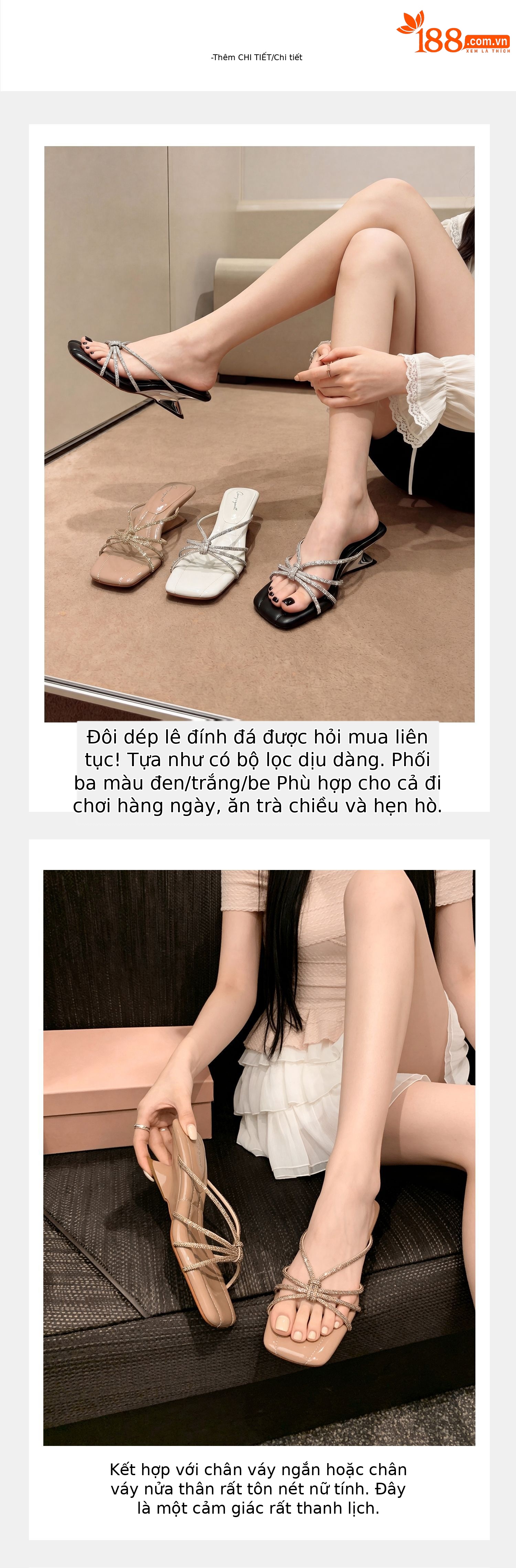 Sandal cao gót nữ mũi vuông quai ngang đính đá pha lê gót xuồng 9 cm — màu đen, màu trắng ngà, màu nude chi tiết 7