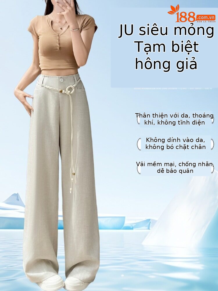 Quần culottes nữ ống rộng vải lanh cạp cao thắt lưng bản to — Màu đen thông thường