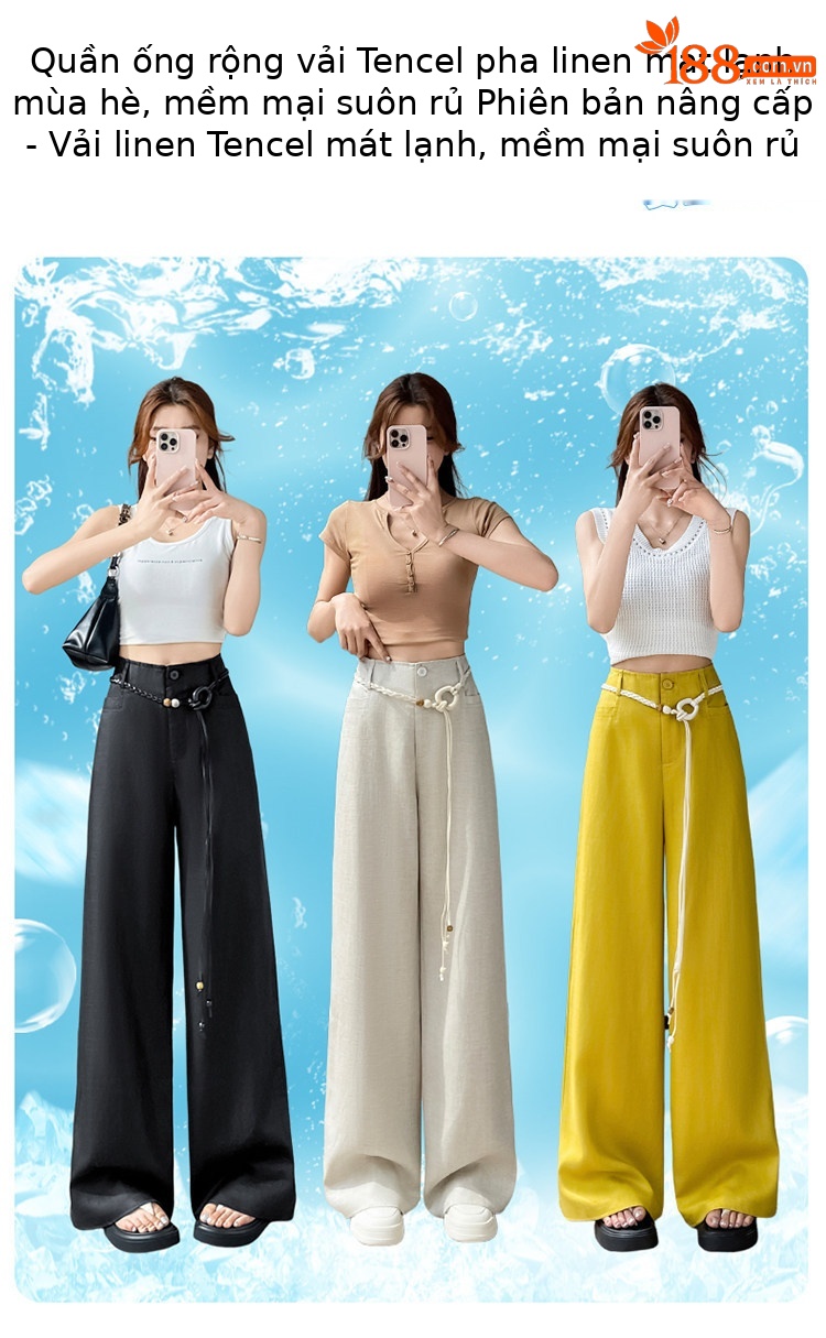 Quần culottes nữ ống rộng vải lanh cạp cao thắt lưng bản to — Màu đen thông thường chi tiết 1