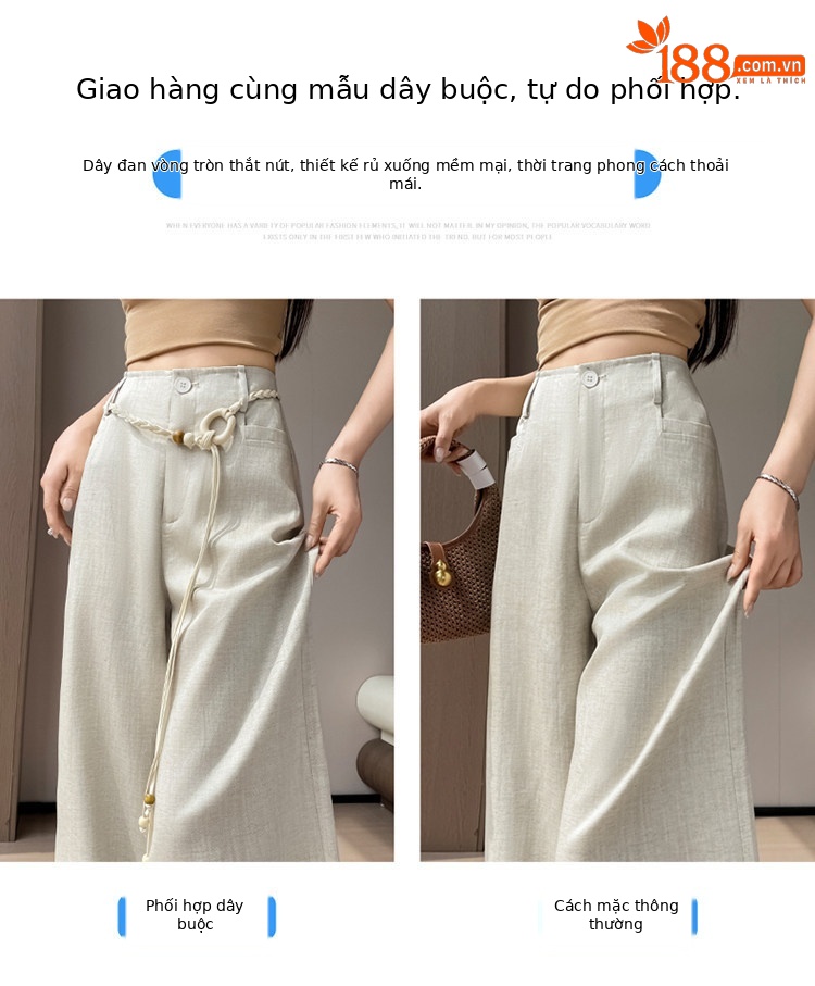 Quần culottes nữ ống rộng vải lanh cạp cao thắt lưng bản to — Màu đen thông thường chi tiết 9