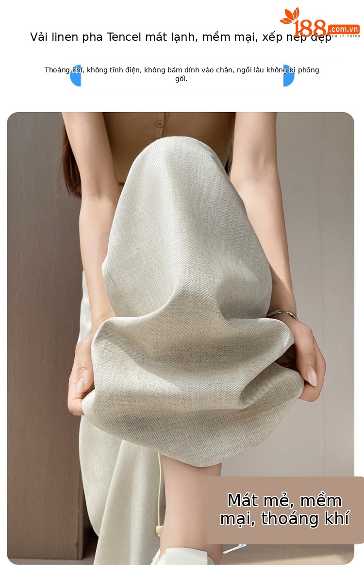 Quần culottes nữ ống rộng vải lanh cạp cao thắt lưng bản to — Màu đen thông thường chi tiết 10