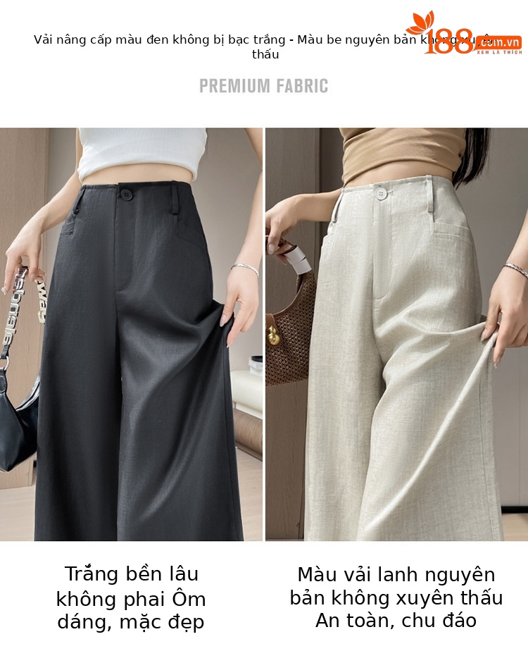 Quần culottes nữ ống rộng vải lanh cạp cao thắt lưng bản to — Màu đen thông thường chi tiết 29