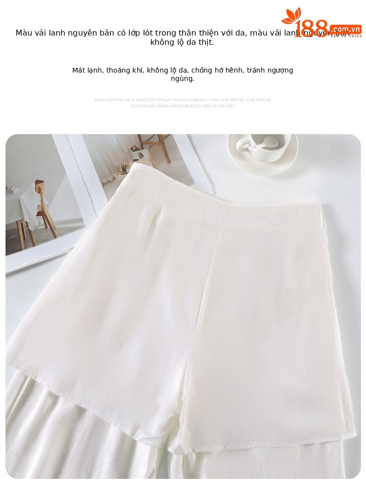 Quần culottes nữ ống rộng vải lanh cạp cao thắt lưng bản to — Màu đen thông thường chi tiết 32