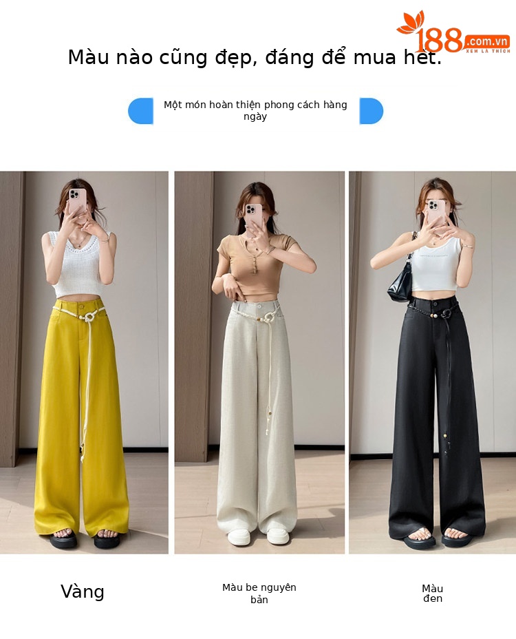 Quần culottes nữ ống rộng vải lanh cạp cao thắt lưng bản to — Màu đen thông thường chi tiết 36