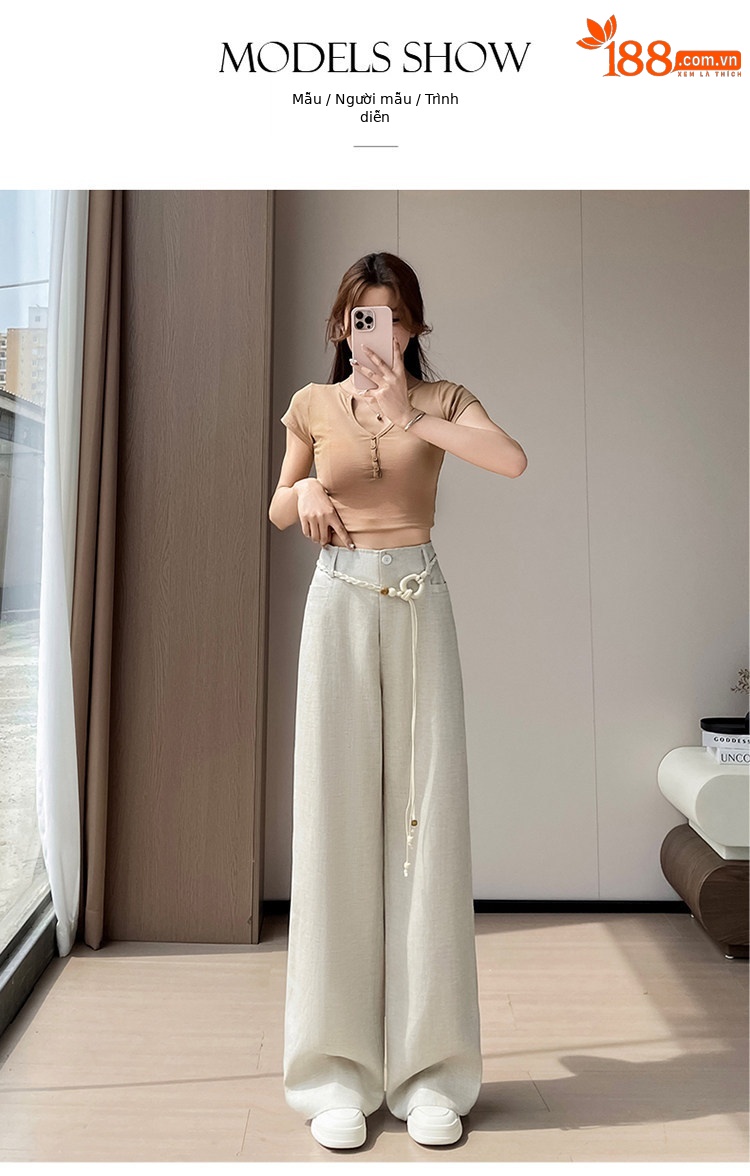 Quần culottes nữ ống rộng vải lanh cạp cao thắt lưng bản to — Màu đen thông thường chi tiết 37