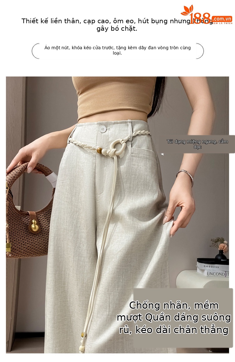 Quần culottes nữ ống rộng vải lanh cạp cao thắt lưng bản to — Màu đen thông thường chi tiết 7