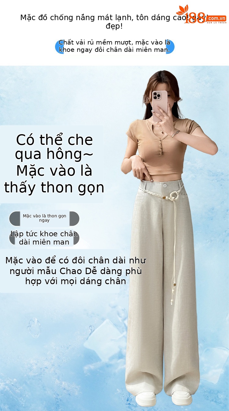 Quần culottes nữ ống rộng vải lanh cạp cao thắt lưng bản to — Màu đen thông thường chi tiết 8