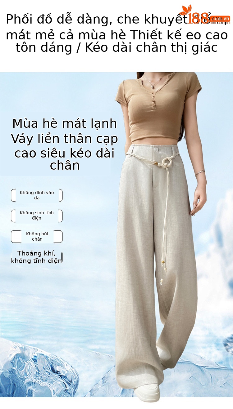 Quần culottes nữ ống rộng vải lanh cạp cao thắt lưng bản to — Màu đen thông thường chi tiết 11