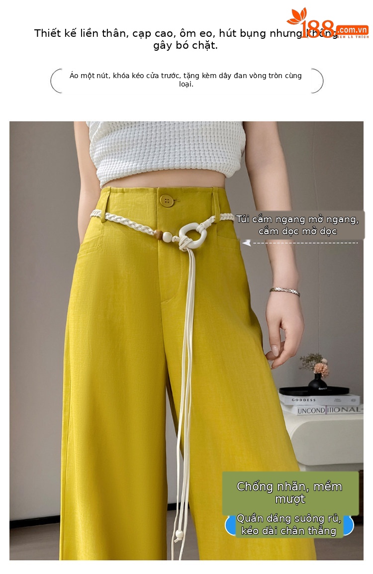 Quần culottes nữ ống rộng vải lanh cạp cao thắt lưng bản to — Màu đen thông thường chi tiết 17