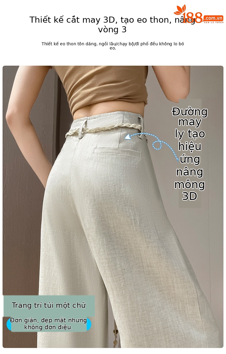 Quần culottes nữ ống rộng vải lanh cạp cao thắt lưng bản to — Màu đen thông thường chi tiết 18