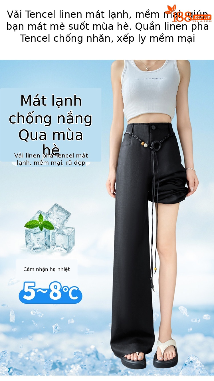 Quần culottes nữ ống rộng vải lanh cạp cao thắt lưng bản to — Màu đen thông thường chi tiết 25