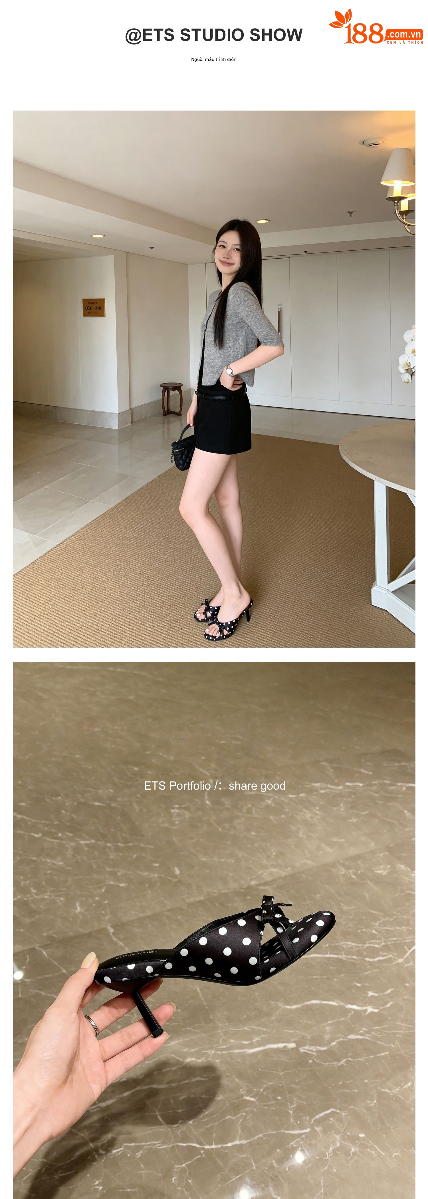 Sandal cao gót nữ hở mũi phong cách Pháp, chất liệu satin họa tiết chấm bi/chấm sóng, gót nhọn 9 cm — Điểm sóng đen, Trang chủ, Điểm sóng trắng chi tiết 10