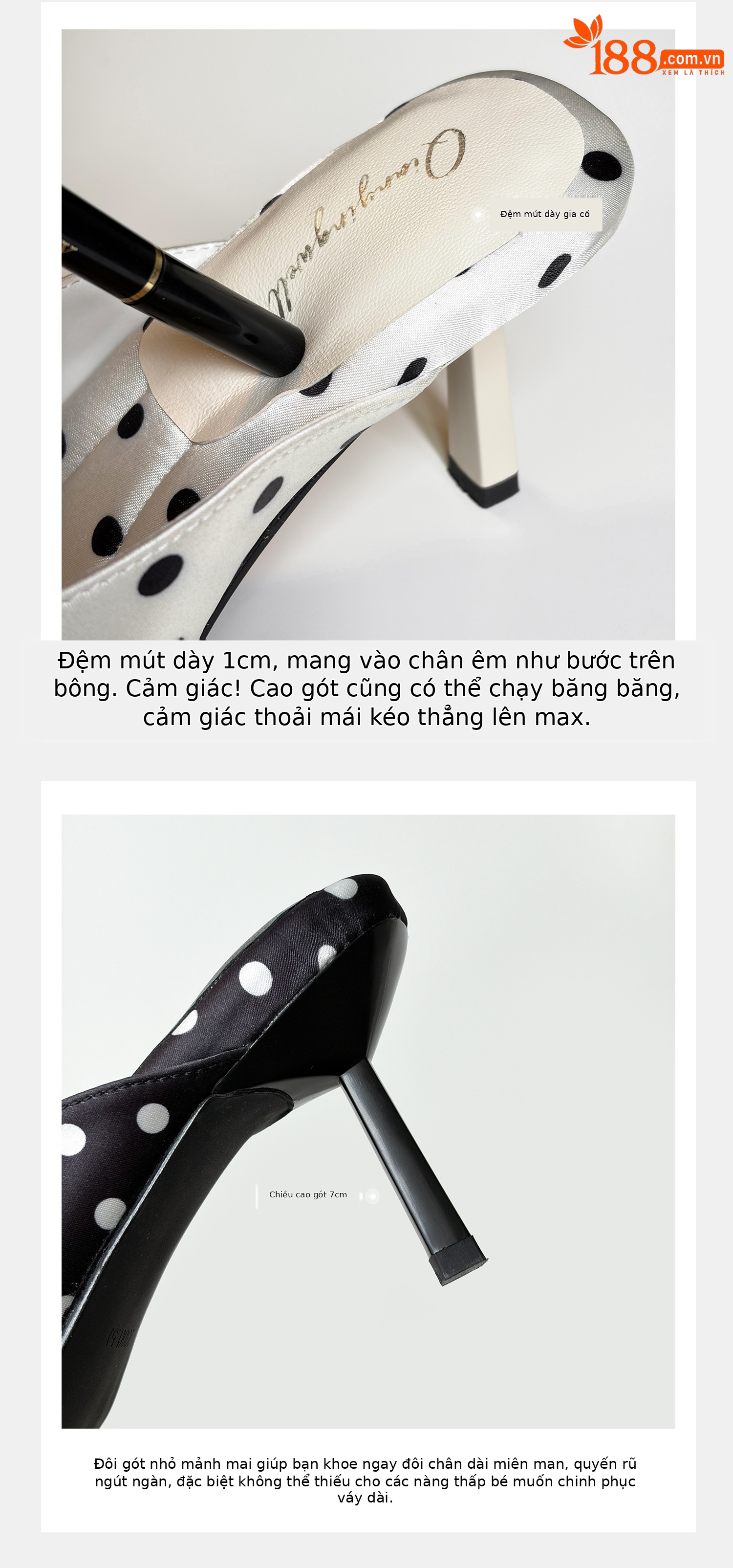 Sandal cao gót nữ hở mũi phong cách Pháp, chất liệu satin họa tiết chấm bi/chấm sóng, gót nhọn 9 cm — Điểm sóng đen, Trang chủ, Điểm sóng trắng chi tiết 7